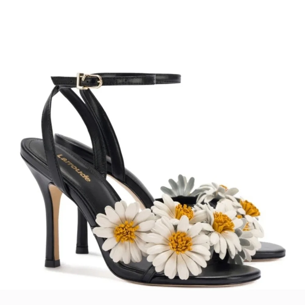 LARROUDÉ Fiore Daisy Appliqués Ankle Strap Sandals Stilletto Heel